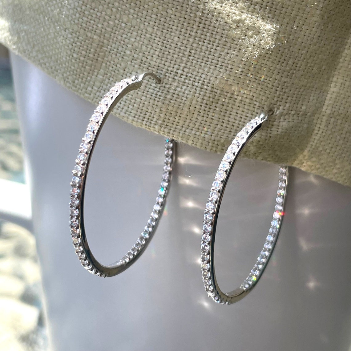 Large CZ Hoop Earrings Inside Out Hoops Sterling Silver Hoop Etsy