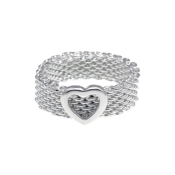 Size 5 Mesh Heart Ring Silver, Sterling Silver Band Ring, Flexible Ring, Mother's Day Gift, Holiday Gift, Woven Ring, Unisex Love Jewelry