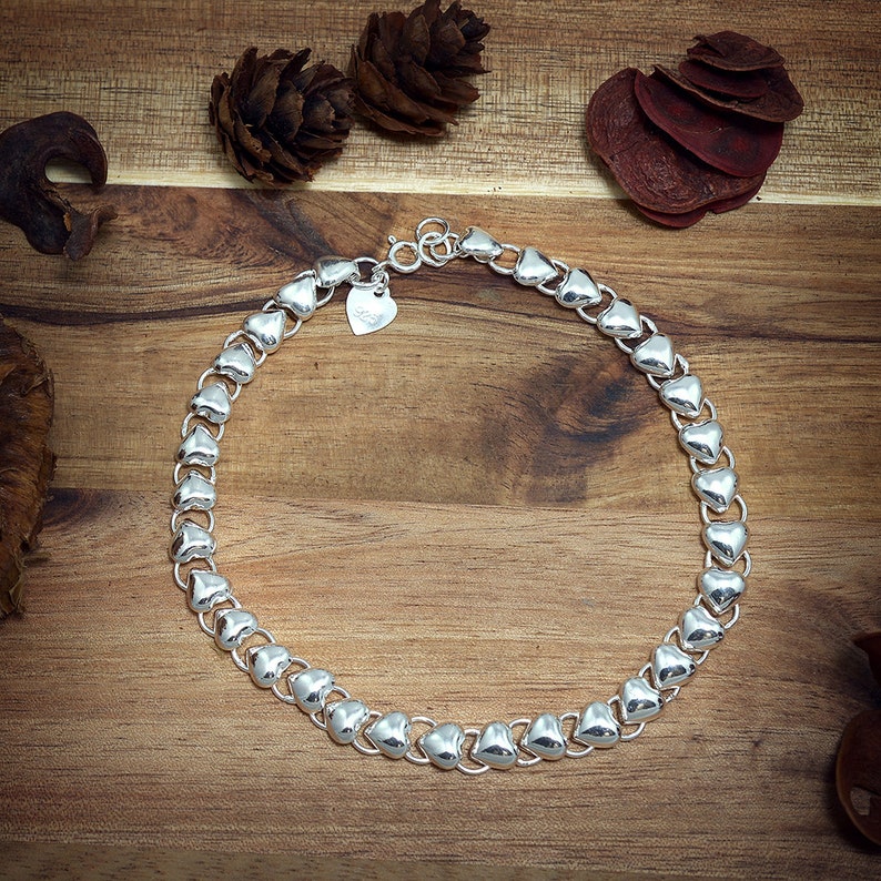 925 Sterling Silver Petite Puffy Hearts Anklet 10 inches no stones