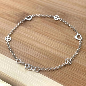 Peace Sign Anklet, Heart Anklet Silver, Sterling Silver Ankle Bracelet, Silver Chain Anklet, Peace and Love, Boho Anklet, Hippie Anklet 10&#39;&#39;