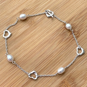 White Pearl Anklet, Sterling Silver Ankle Bracelet, Heart Anklet, Bridal Anklet, Beach Anklet, Toggle Clasp, Freshwater Pearl, Summer Anklet