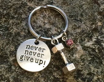 NEVER GIVE UP Keychain, Bodybuilding Keychain, Weight Lifting, Personal Trainer, Fitness Charm, Dumbbell, Kettlebell Key Ring, Birth Stone