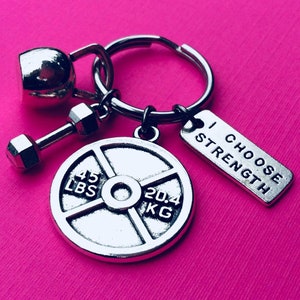 I CHOOSE STRENGTH Keychain, Bodybuilding Keychain, Weight Lifting Keychain, Fitness Keychain, Dumbbell Kettlebell Key Ring, Personal Trainer
