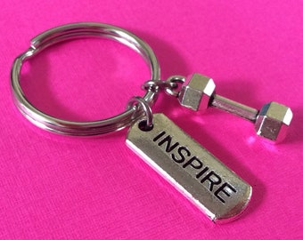 INSPIRE KEYCHAIN, Bodybuilding Keychain, Weight Lifting Keychain, Personal Trainer, Fitness Keychain, Dumbbell Key Ring, Kettlebell Keychain