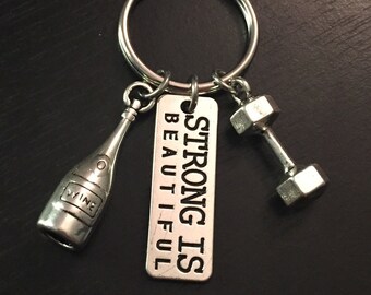 WINE BODYBUILDING KEYCHAIN, Weight Lifting Keychain, Fitness Keychain, Dumbbell Key Ring, Kettlebell Keychain, Initial Keychain, Wine Lover