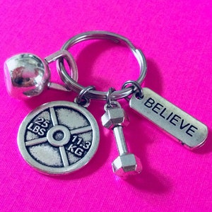 BELIEVE KEYCHAIN, Bodybuilding Keychain, Weight Lifting Keychain, Fitness Keychain, Dumbbell Key Ring, Kettlebell Keychain, Personal Trainer
