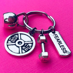 FEARLESS KEYCHAIN, Bodybuilding Keychain, Weight Lifting Keychain, Personal Trainer, Fitness Keychain, Dumbbell Key Ring, Kettlebell