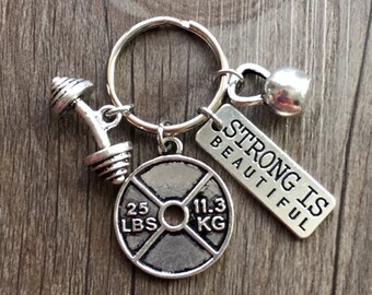 STRONG IS BEAUTIFUL Keychain, Bodybuilding Keychain, Weight Lifting Keychain, Fitness Keychain, Dumbbell Key Ring, Kettlebell Keychain
