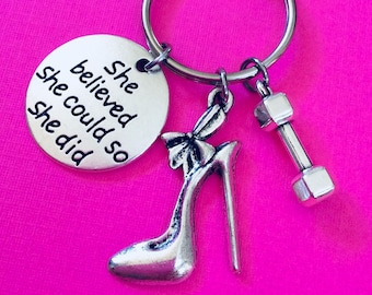 SHE BELIEVED She Could So She Did, Bodybuilding Keychain, Weight Lifting, Fitness Keychain, Dumbbell Kettlebell Key Ring, Personal Trainer