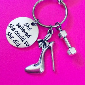 SHE BELIEVED She Could So She Did, Bodybuilding Keychain, Weight Lifting, Fitness Keychain, Dumbbell Kettlebell Key Ring, Personal Trainer