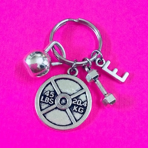 BODYBUILDING KEYCHAIN, Weight Lifting Keychain, Fitness Keychain, Dumbbell Key Ring, Kettlebell Keychain, Initial Keychain, Barbell Keychain
