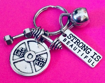 Llavero "La fuerza es belleza", Llavero de culturismo, Llavero de levantamiento de pesas, Llavero de fitness, Llavero de mancuerna, Llavero de pesa rusa