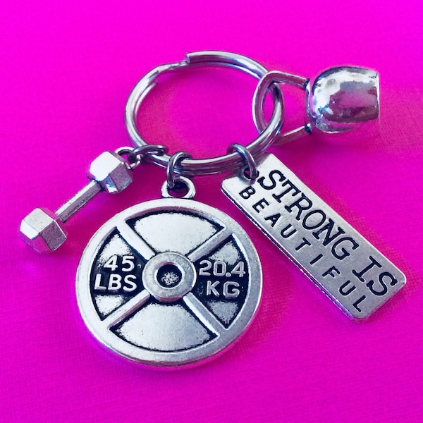STRONG IS BEAUTIFUL Schlüsselanhänger Bodycycling Schlüsselanhänger Gewichtheben Fitness Schlüsselanhänger Kurzhantel Kettlebell Personal Trainer Geschenk