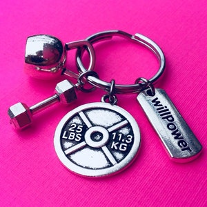 WILLPOWER KEYCHAIN, Bodybuilding Keychain, Weight Lifting Keychain, Fitness Keychain, Dumbbell Kettlebell Key Ring, Personal Trainer