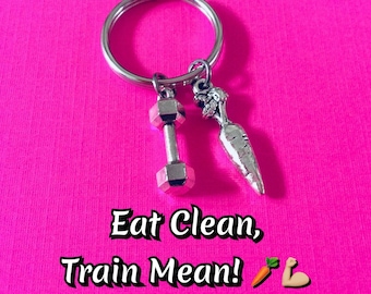 EAT CLEAN TRAIN Mean Keychain, Weight Loss Keychain, Fitness Key Ring, Dumbbell Keychain, Kettlebell Keychain, Bodybuilding, Weight Lifting