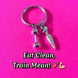 EAT CLEAN TRAIN Mean Keychain, Weight Loss Keychain, Fitness Key Ring, Dumbbell Keychain, Kettlebell Keychain, Bodybuilding, Weight Lifting