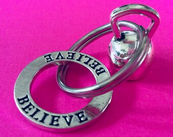 BELIEVE KEYCHAIN, Kettlebell Keychain, Weight Lifting Keychain, Fitness Keychain, Dumbbell Key Ring, Bodybuilding Keychain, Personal Trainer