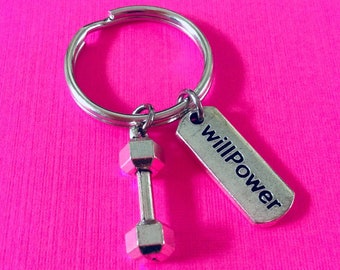 WILLPOWER Keychain, Bodybuilding Keychain, Weight Lifting, Personal Trainer, Fitness Charm, Dumbbell, Kettlebell Key Ring