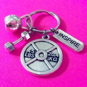 INSPIRE KEYCHAIN, Bodybuilding Keychain, Weight Lifting Keychain, Personal Trainer, Fitness Keychain, Dumbbell Key Ring, Kettlebell Keychain