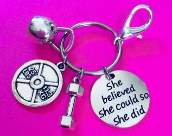 SHE BELIEVED She Could So She Did, Bodybuilding Keychain, Weight Lifting, Fitness Keychain, Dumbbell Kettlebell Key Ring, Personal Trainer