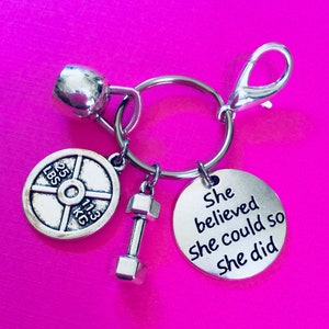 SHE BELIEVED She Could So She Did, Bodybuilding Keychain, Weight Lifting, Fitness Keychain, Dumbbell Kettlebell Key Ring, Personal Trainer