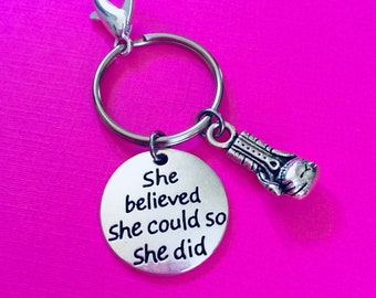 SHE BELIEVED She Could So She Did, Bodybuilding Keychain, Weight Lifting, Fitness Keychain, Dumbbell Kettlebell Key Ring, Personal Trainer