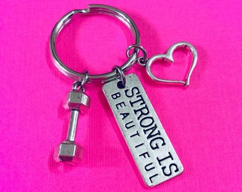 Llavero "La fuerza es belleza", Llavero de culturismo, Levantamiento de pesas, Llavero de fitness, Llavero con forma de corazón y mancuerna, Regalo para entrenador personal