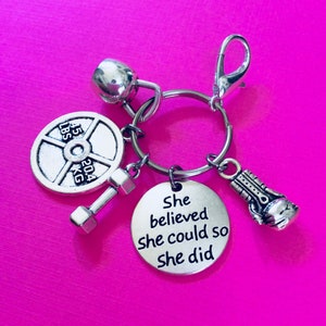 SHE BELIEVED She Could So She Did, Bodybuilding Keychain, Weight Lifting, Fitness Keychain, Dumbbell Kettlebell Key Ring, Personal Trainer