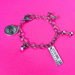 STRONG IS BEAUTIFUL Bracelet, Bodybuilding Weight Lifting Jewelry, Fitness Bracelet, Dumbbell Kettlebell Jewelry, Personal Trainer