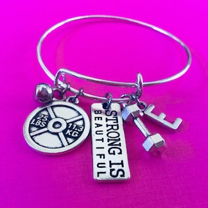 STRONG IS BEAUTIFUL Initial Bracelet, Weight Lifting Bracelet, Fitness Bracelet, Dumbbell Kettlebell Jewelry, Personal Trainer Gift