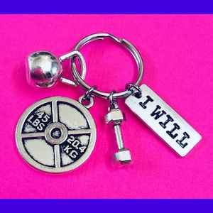I WILL Keychain, Bodybuilding Keychain, Weight Lifting Keychain, Fitness Keychain, Dumbbell Key Ring, Kettlebell Keychain