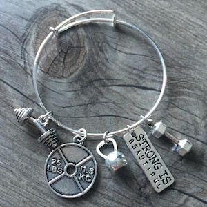 STRONG IS BEAUTIFUL Bangle Bracelet, Bodybuilding Bracelet, Weight Lifting Bracelet, Fitness Bracelet, Dumbbell Bracelet, Kettlebell Jewelry