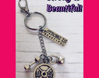 STRONG IS BEAUTIFUL Keychain, Bodybuilding Keychain, Weight Lifting Keychain, Fitness Keychain, Dumbbell Key Ring, Kettlebell Keychain