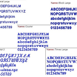 Pode incluir: Uma compara&ccedil;&atilde;o visual de diferentes estilos de fonte, incluindo Arial Large, Block Large, Courier, Script 2 e Times Large. Cada estilo de fonte &eacute; exibido com letras mai&uacute;sculas e min&uacute;sculas, bem como os n&uacute;meros de 0 a 9.