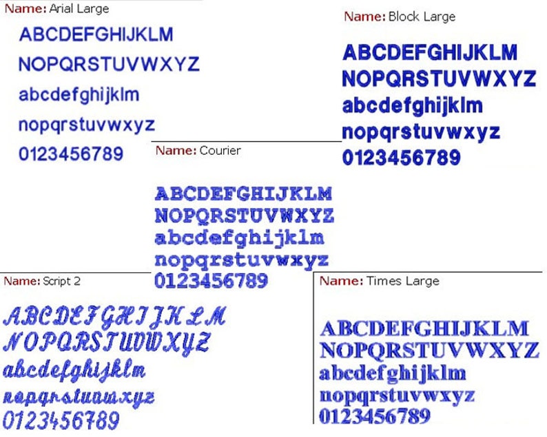 Pode incluir: Uma compara&ccedil;&atilde;o visual de diferentes estilos de fonte, incluindo Arial Large, Block Large, Courier, Script 2 e Times Large. Cada estilo de fonte &eacute; exibido com letras mai&uacute;sculas e min&uacute;sculas, bem como os n&uacute;meros de 0 a 9.