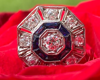 14k Diamond Target Ring, 14K Sapphire Target Ring, Diamond Cluster Ring, Diamond daisy ring, not 10K 18k, Art Deco Diamond ring, Victorian