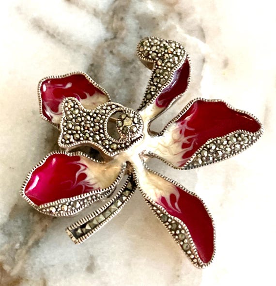 Sterling silver orchid pendant, sterling silver enamel pendant, sterling silver flower pin, sterling silver brooch,Victorian silver pendant