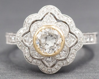 Vintage Style Bezel Set Diamond Engagement Ring with Engraved Band in 14k Yellow and White Gold, Floral Lace Pierced Bridal Ring, Wedding