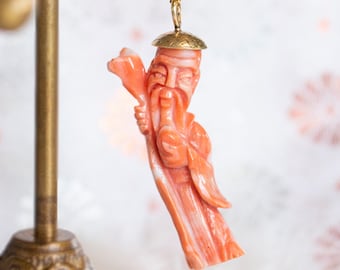 ヴィンテージ彫刻天然珊瑚古代中国の神ペンダントネックレス 14K