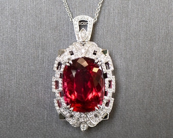 Royal Rubellite Red Tourmaline and Diamond Necklace in 18k White Gold, 22ct Natural Red Tourmaline Statement Pendant, Luxury Jewelry Gift