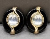 Vintage Kai Yin Lo Onyx and Carved Crystal Quartz Vermeil Clip On Earrings, Black and White Earrings, Gold over Silver, Statement Earrings