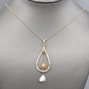 Romantic Victorian Natural Pearl and Old European Cut Lavalier Necklace in 14k Yellow Gold, Wedding Necklace, Delicate and Dainty Necklace