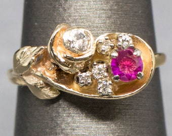 Sweet Vintage Ruby and Diamond Rose Ring in 14k, July Birthstone, Anniversary Ring, Handmade Flower Cluster Ring, Romantic Dainty Ruby Ring