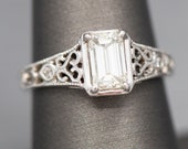 GIA Certified Emerald Cut Diamond Engagement Ring with Filigree Detail in 14k White Gold, 1.13ct K VS2 Emerald Cut Diamond Ring, Low Profile