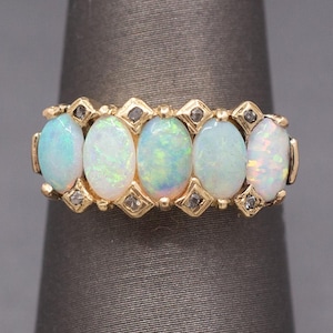 Antique Victorian Five Stone Opal and Rose Cut Diamond Band Ring in 14k Yellow Gold