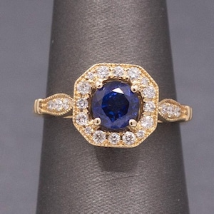 Vintage Sparkling Blue Sapphire and Diamond Octagonal Halo in 14k Yellow Gold