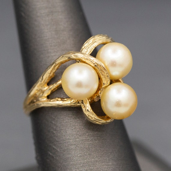 Triple Golden Pearl Textured Cocktail Ring in 14k… - image 3