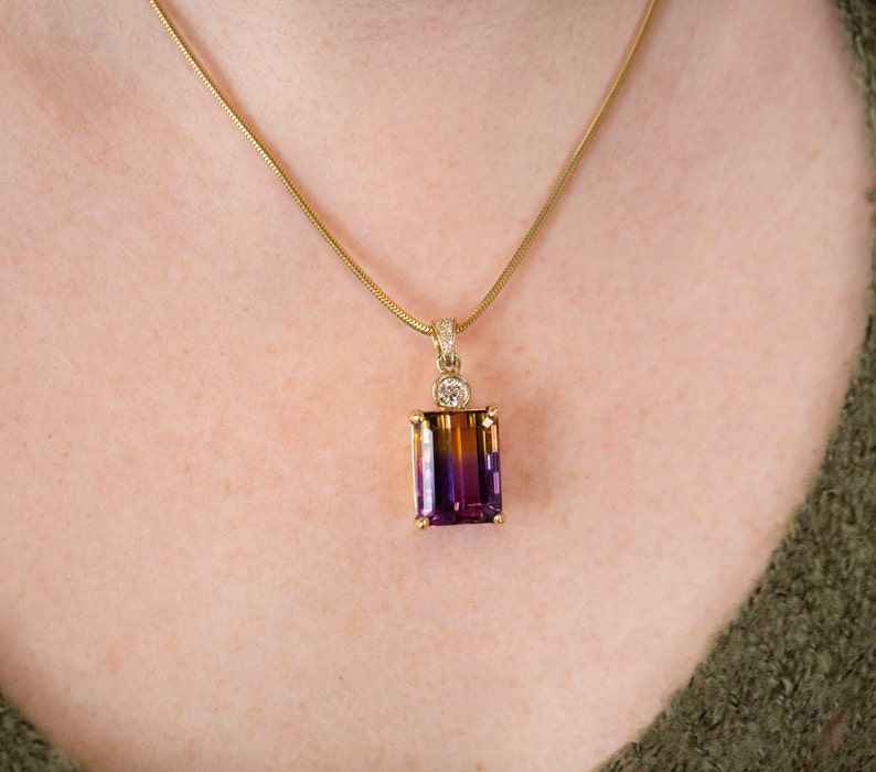 29.41ctw Emerald Cut Ametrine and Diamond 14k Yellow Gold Necklace