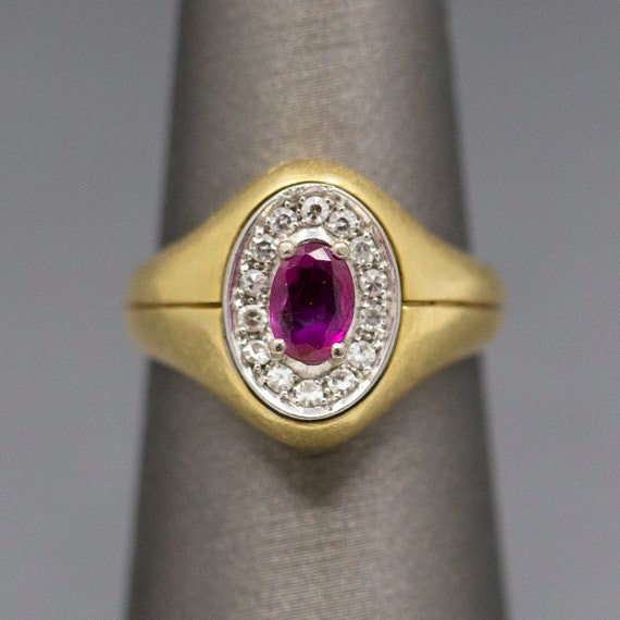 Ruby and Diamond Signet Style Ring in 18k Yellow … - image 1