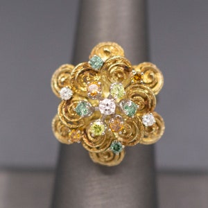Green Orange and White Diamond Harem Cocktail Ring in 14k Yellow Gold